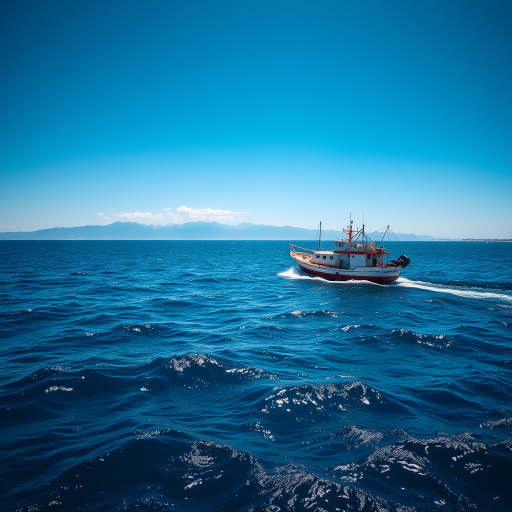 Capture a vibrant scene of a fishing boat sailing on the ocean under a clear blue sky with distant mountains, using a DSLR camera with a 24mm lens at f/8, ISO 100, and a shutter speed of 1/500s, taken from a slightly elevated viewpoint for dynamic composition.