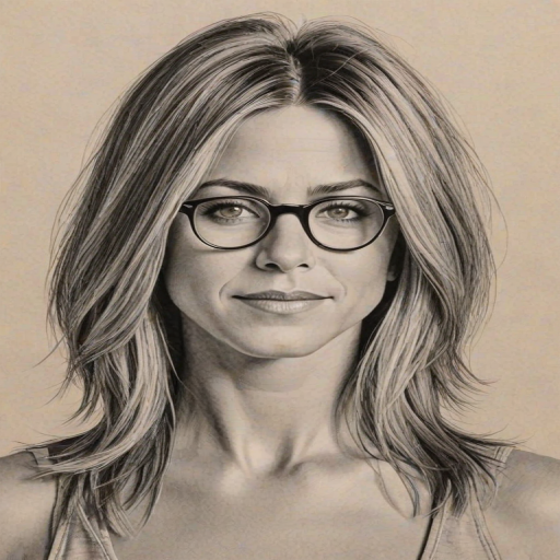 Enticing Jennifer Aniston, pencil sketch, portrait of Beauteous woman 1922s in glasses, hair style beatnik, outline, clear lines, fine lines, 8k