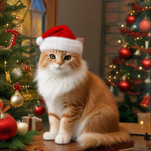 Festive Cat in Santa Hat Surrounded by Christmas Decorations and Gifts