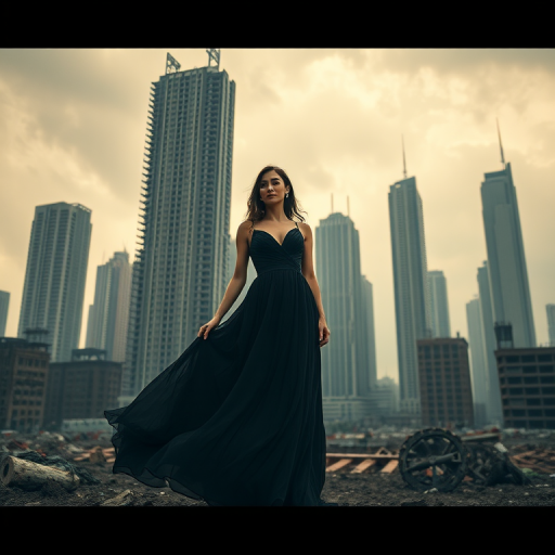 Generate a high-quality portrait of a woman in a flowing dark gown standing amidst a post-apocalyptic urban landscape with skyscrapers in ruins, using a Canon EOS R5 camera with a 50mm lens, aperture set to f/1.8, ISO 400, and a shallow depth of field for a moody, atmospheric look.