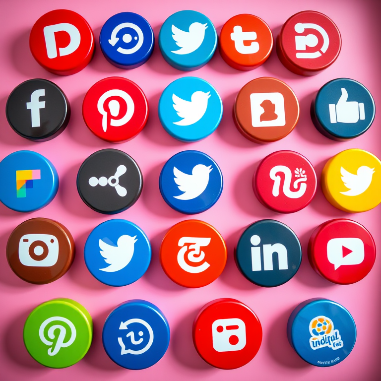 Create a vibrant, high-resolution image of circular social media icons arranged in a grid pattern with bright, colorful backgrounds, using a DSLR camera at f/8 aperture, 50mm lens, and a 1/100s shutter speed for enhanced clarity and depth.