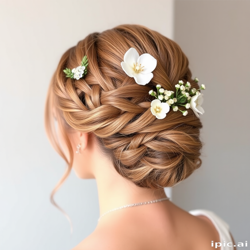 Romantic rose gold braided crown updo, adorned with delicate floral accessories, exuding ethereal charm and feminine grace