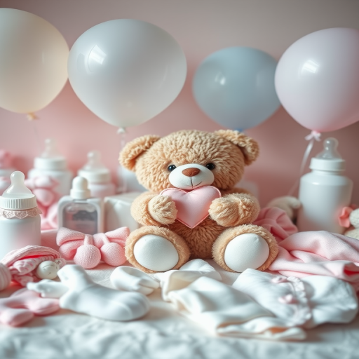 Create a high-resolution image featuring a variety of baby-related items including balloons, bottles, socks, a teddy bear holding a heart, and baby clothes in a soft pastel color palette, captured with a DSLR camera at f/2.8 aperture, 50mm lens, using a soft focus effect and natural lighting for a warm feel.