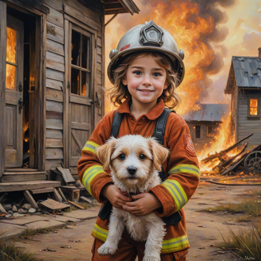 airbrushed oil painting, pixar style, cute little girl in fireman gear, helmet, tousled hair, expressive eyes, standing in the doorstep of a cottage burning behind him, holding a cute little dog in her arm, atumn sky