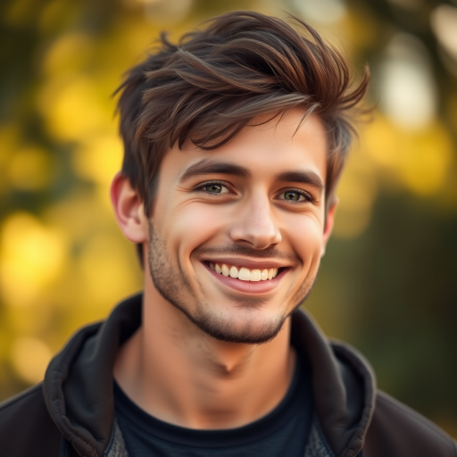 portrait of a handsome young man with tousled hair and a confident smile, shallow depth of field, soft warm lighting, 50mm lens, f/1.8, ISO 100, natural light, DSLR camera