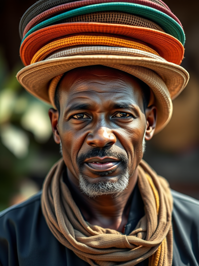 Create a portrait of a man wearing a stack of colorful hats, with a focus on texture and detail, natural lighting, shallow depth of field, shot with a DSLR camera at f/2.8, ISO 100, and a focal length of 50mm.