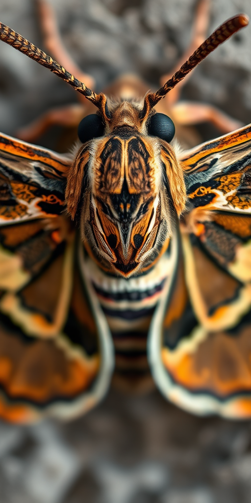 photograph a detailed close-up of a moth with intricate patterns, natural lighting, focus on texture and colors, macro lens, ISO 100, aperture f/8, shutter speed 1/200s, DSLR camera, top-down view