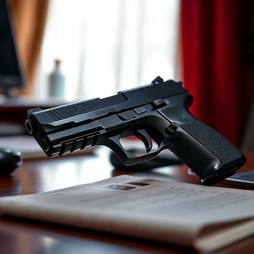 shiny skin, handgun resting on desk , mature, adult"