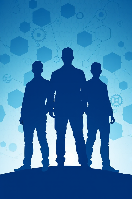 Create an abstract digital illustration of three silhouetted human figures in shades of blue, with a background featuring interconnected hexagons and gears, shot with a DSLR camera at f/8 aperture, ISO 100, 50mm lens, natural light, landscape mode for enhanced clarity and depth.