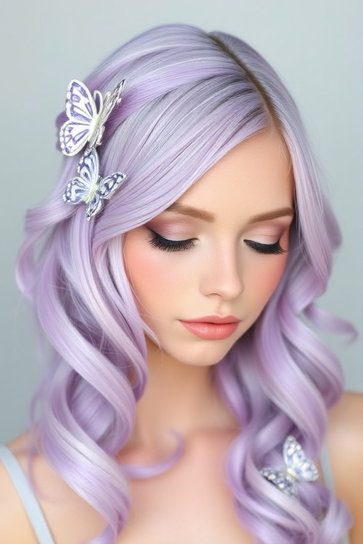 Pastel lavender waves arranged in the "Whimsical Whisper" style flow gently around her face, adorned with delicate butterfly clips and shimmering pearl accents throughout