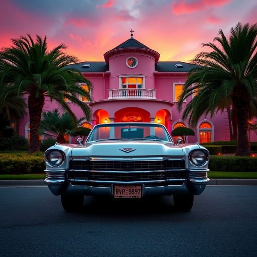capture a vintage Cadillac in front of a pink mansion at sunset with lush palm trees, utilize a Canon EOS R5 with a 50mm f/1.2 lens, ISO 100, aperture f/2.8, shutter speed 1/200 sec, in a vibrant color style to enhance details and contrast