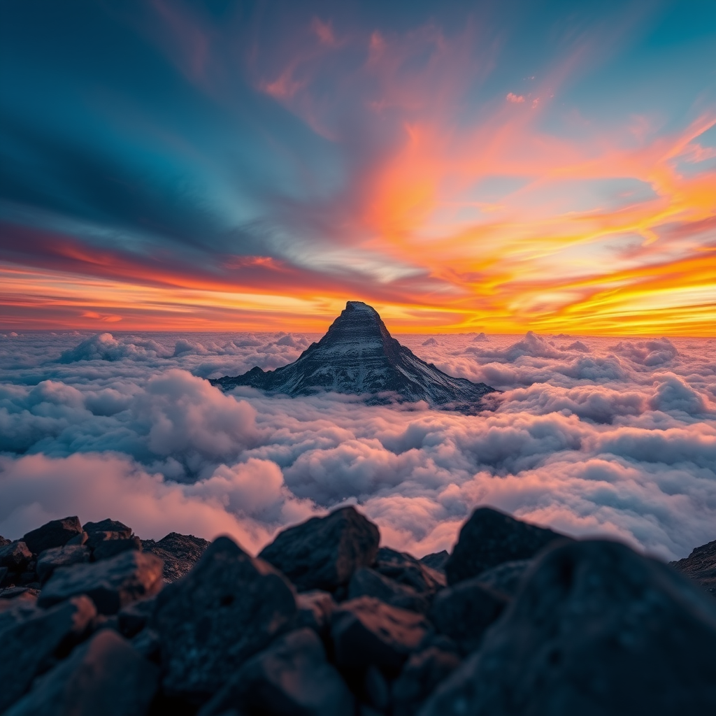 Capture a high-resolution landscape photograph of a mountain peak emerging from clouds at sunset with vibrant colors, using a DSLR camera with a 24mm lens at f/8, ISO 100, and a shutter speed of 1/60s, shot from a low angle to highlight foreground rocks and an expansive sky.