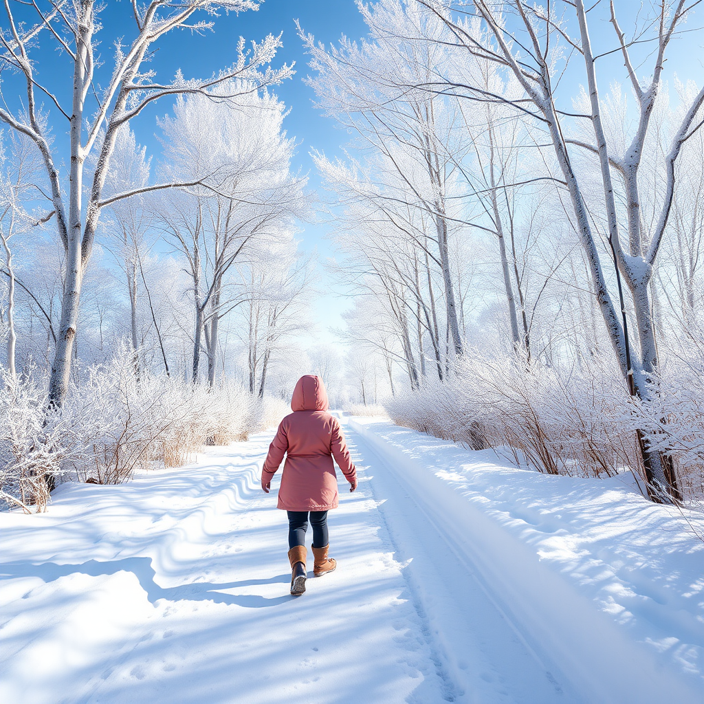A young girl in a pink coat walking on a snow-covered path surrounded by frosty white trees, bright blue sky, shot with a Canon EOS R5, 50mm lens at f/1.8, ISO 100, natural light for enhanced contrast and clarity.