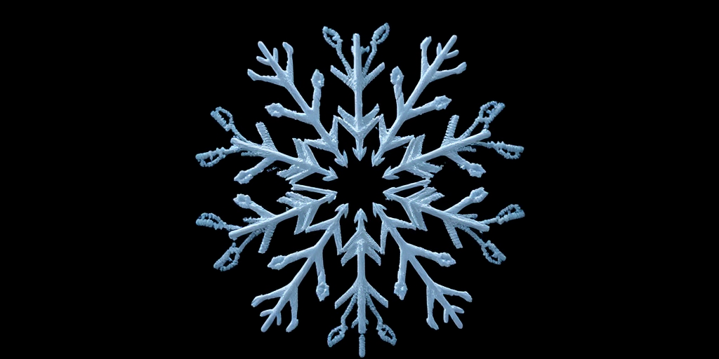 generate a symmetrical snowflake design with intricate branches in white on a black background, using a macro lens at f/2.8 for shallow depth of field, 1/200 sec exposure, and ISO 100, capturing high detail and contrast.