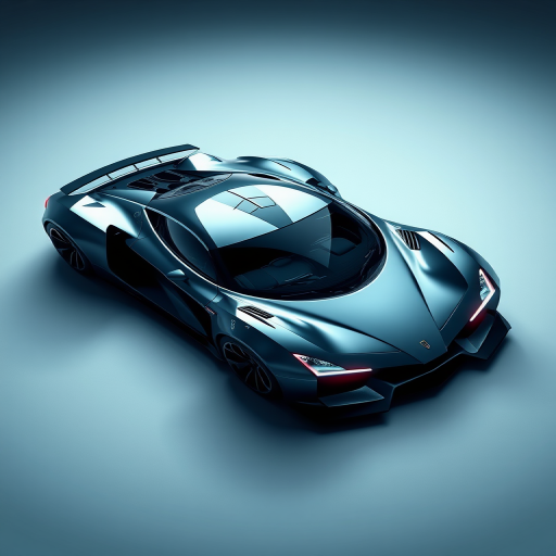 Ultra-high definition render of a futuristic sports car in a dynamic pose, dramatic lighting focusing on sleek lines and reflective surfaces, 35mm lens, f/1.8 aperture, ISO 100, softbox lighting, top-down view, studio photography setup.