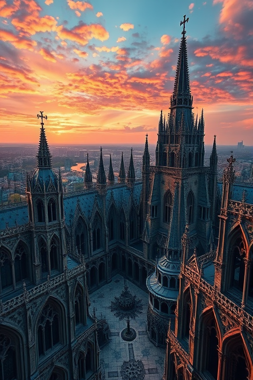 Create a high-resolution fractal landscape featuring intricate geometric structures with gothic architecture under a dramatic sunset sky, shot with a DSLR camera at f/8, ISO 100, 24mm lens, wide-angle view, soft focus effect for enhanced depth.