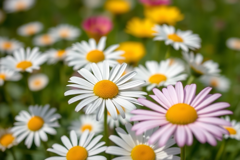 Close-up shot of a vibrant field of daisies with varying angles, using a DSLR camera, 50mm lens, f/2.8 aperture, ISO 100, shallow depth of field for a soft background blur, natural sunlight illumination.