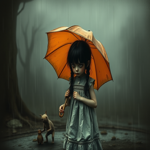 An eerie, weird little girl with dark hair in thin pigtails, wearing a smock dress, standing in the rain, holding a dirty orange umbrella, a small, odd creature beside her. In a surreal style inspired by Nicoletta Ceccoli and Brian Froud. Dark fantasy themes