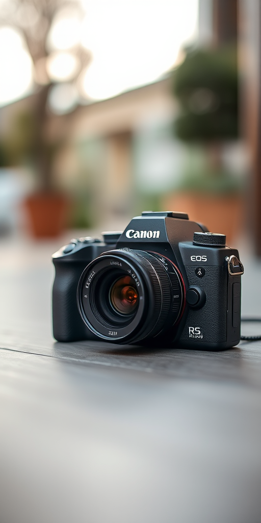 Create an image of a camera, using a Canon EOS R5, f/1.8, ISO 100, 24mm lens, with a shallow depth of field, shot from a slightly elevated angle to emphasize the design.