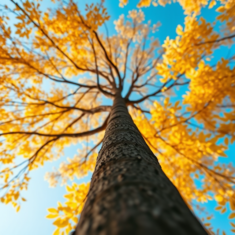 photograph of a tall tree with vibrant yellow leaves against a blue sky captured from the base looking up, using a DSLR camera, f/8 aperture, ISO 100, 24mm wide-angle lens, natural lighting, sharp focus on the trunk with a blurred background