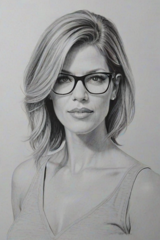 Pleasing Tricia Helfer, pencil sketch, portrait of Pleasing woman 1965s in glasses, hair style beatnik, outline, clear lines, fine lines, 8k