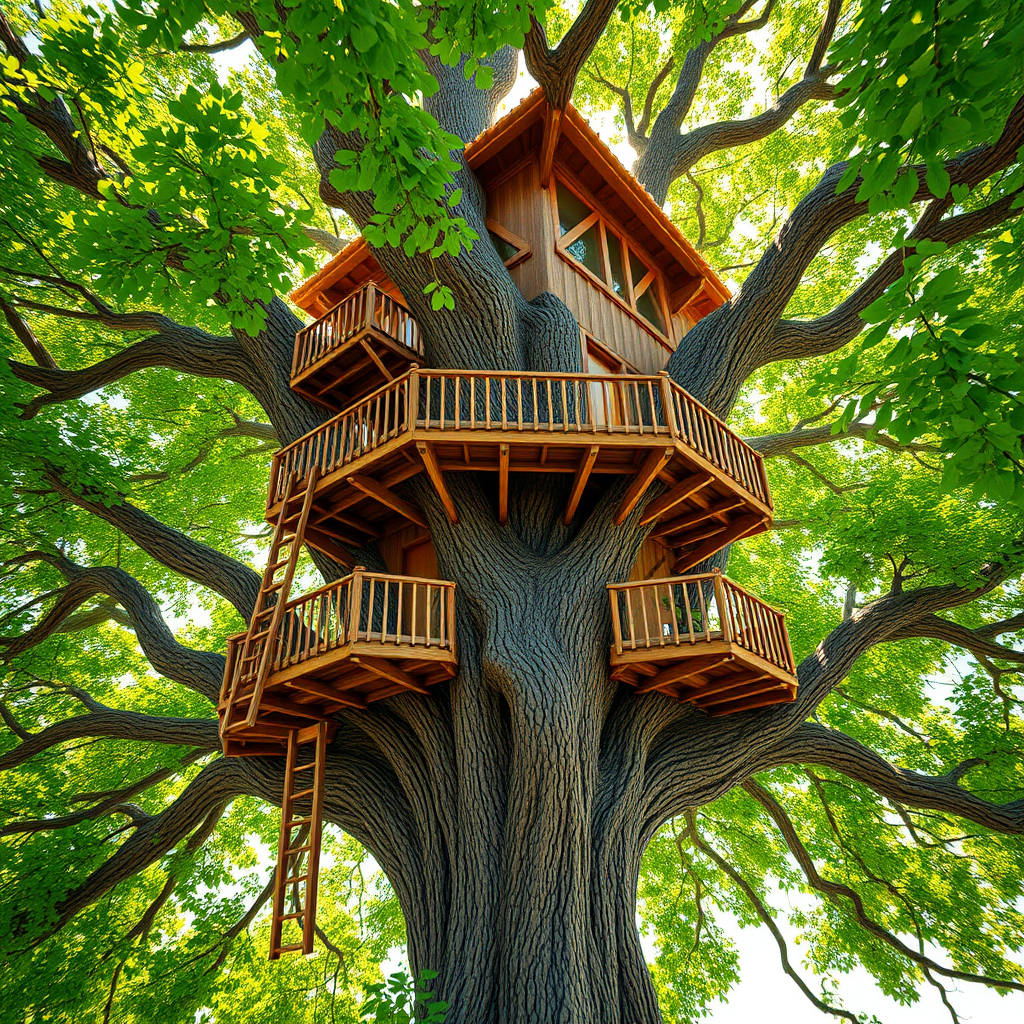Create a highly detailed 3D rendering of a treehouse built around a sturdy tree, showcasing multiple levels with wooden platforms and ladders, sunlight filtering through vibrant green leaves, camera settings: f/8 aperture, ISO 100, 1/200 sec shutter speed, camera view: eye level, camera style: realistic, camera type: DSLR.