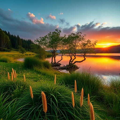 Create a high-resolution image of a serene landscape at sunset with lush greenery and a calm lake, using a Canon EOS R5 with a 24-70mm f/2.8 lens, aperture set to f/8, ISO 100, shutter speed 1/125 sec, captured from a low angle perspective for a dramatic effect.