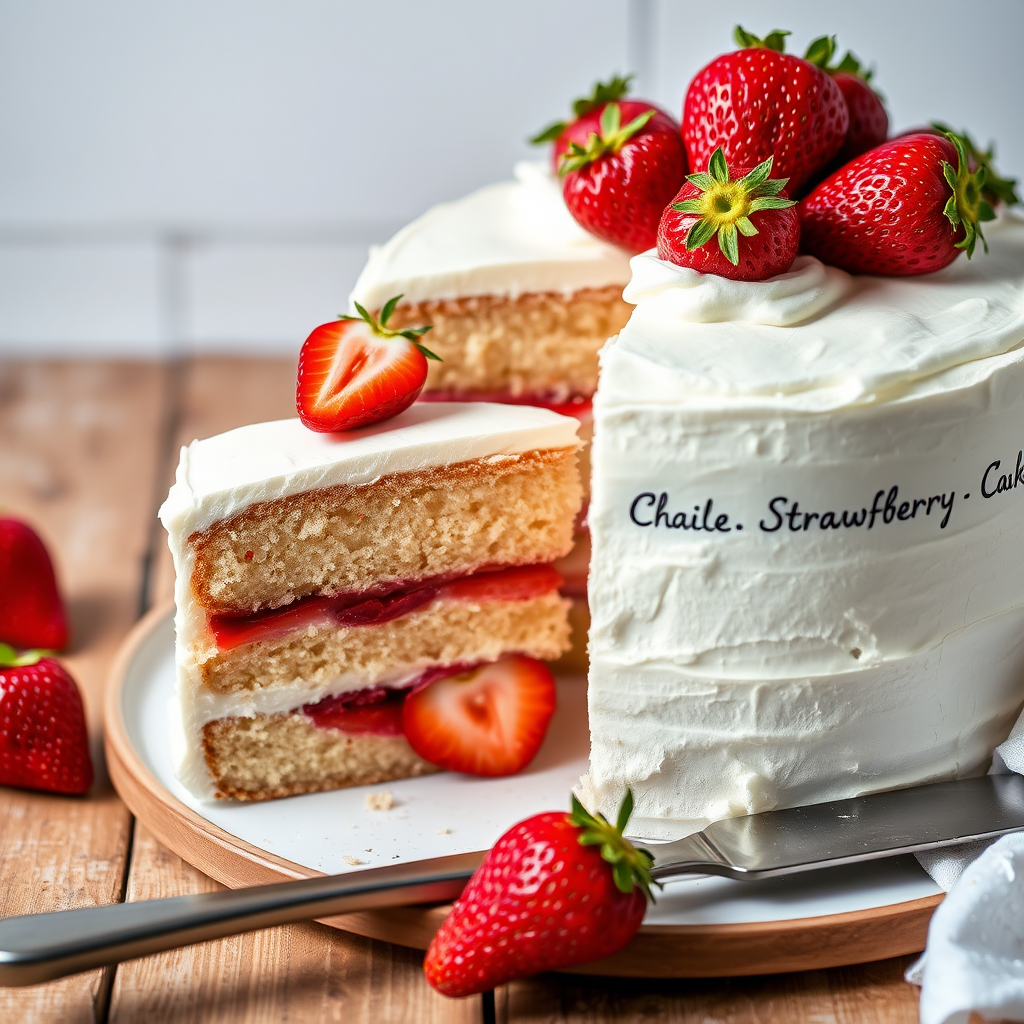 Generate an image of a beautifully layered cake with fresh strawberries on top. The cake should have a light, fluffy texture and be decorated with whipped cream. A slice should be cut out to reveal the layers and strawberries inside. The setting should have a clean, rustic background with a silver serving knife beside the cake.