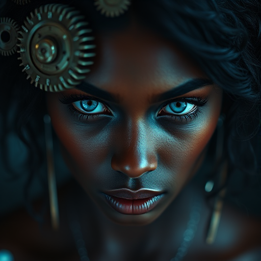 Create a high-resolution image of a woman with dark skin and striking blue eyes, featuring metallic gears and a clock integrated into her hair, shot with a Canon EOS R5 at f/1.8, ISO 100, 50mm lens, using dramatic lighting and a shallow depth of field for a cinematic effect.
