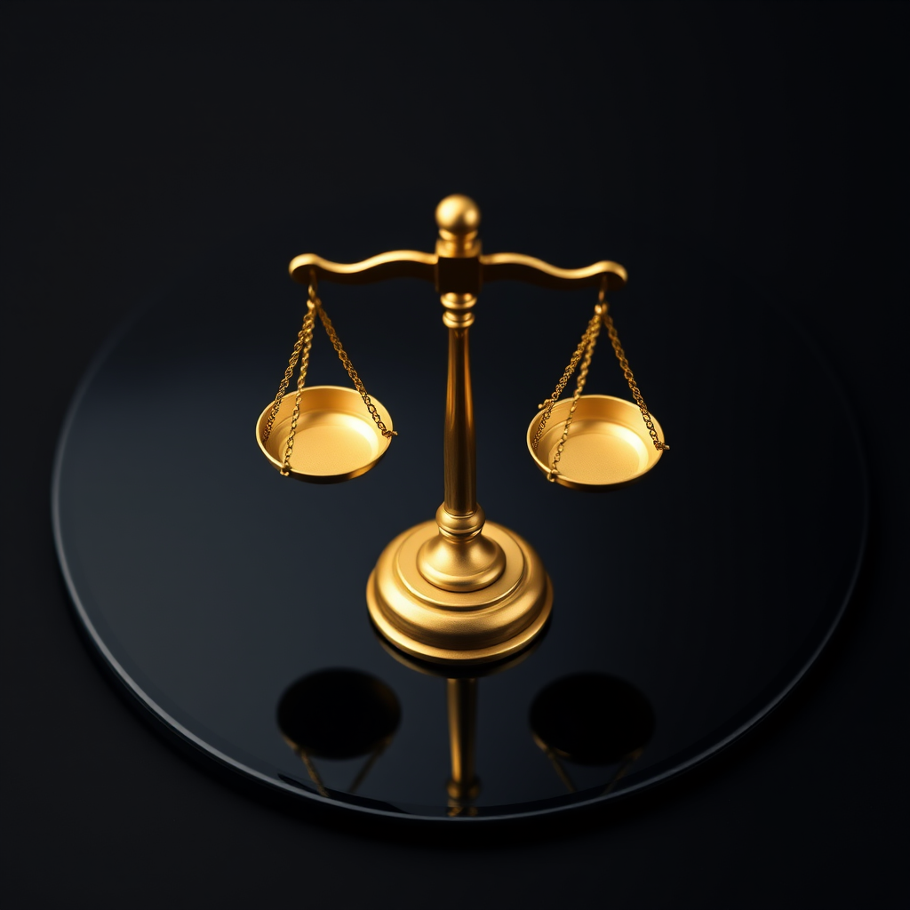 Create a high-resolution image of a golden scale of justice on a glossy black circular background, using a DSLR camera with a 50mm lens, f/1.8 aperture, ISO 100, and 1/200 second shutter speed, capturing a close-up view with soft lighting for enhanced detail and clarity.