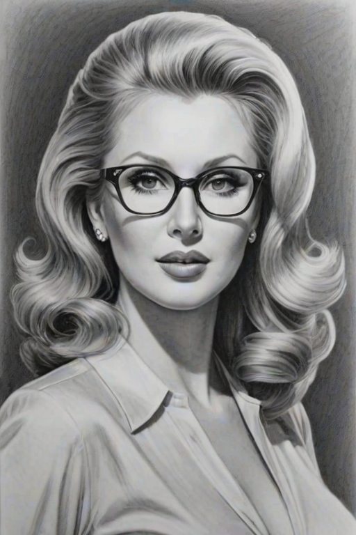 Resplendent Morgan Fairchild, pencil sketch, portrait of Exquisite woman 1941s in glasses, hair style beatnik, outline, clear lines, fine lines, 8k