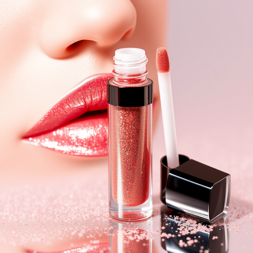Metallic rose gold lip gloss "Gilded Petal" with holographic sparkle and plumping effect, suitable for festive occasions and glamorous nights out, infused with vitamin E