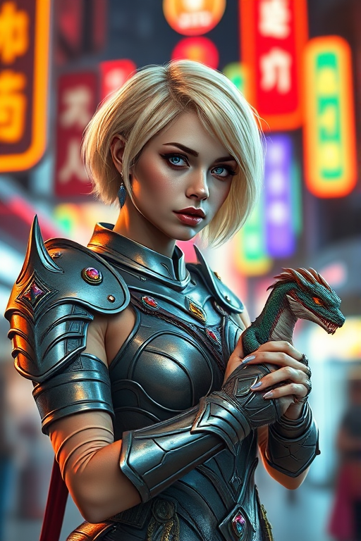 Create a high-resolution image of a futuristic warrior woman with short blonde hair, wearing intricate armor adorned with gemstones, holding a small, realistic dragon, set in a vibrant, neon-lit urban environment, captured with a 50mm lens at f/1.8, ISO 100, and a shallow depth of field to enhance the background bokeh effect.