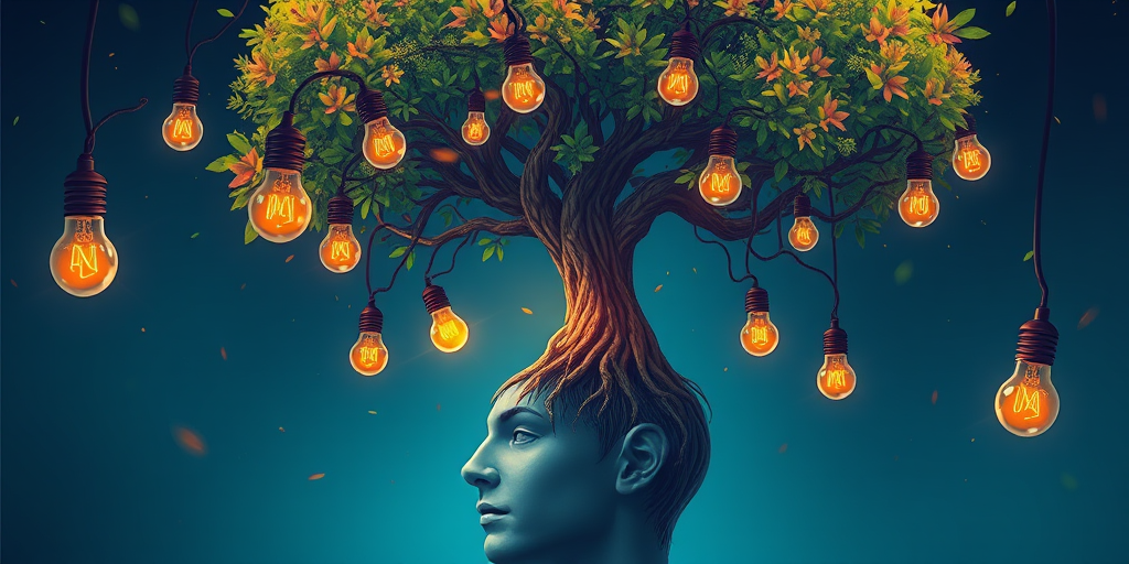 Create a vibrant digital illustration of a tree growing from a human head, with lightbulbs floating around, using a Canon EOS R5 with a 50mm f/1.2 lens, at a shallow depth of field, 1/1000s shutter speed, and f/8 aperture for sharp details and rich colors.
