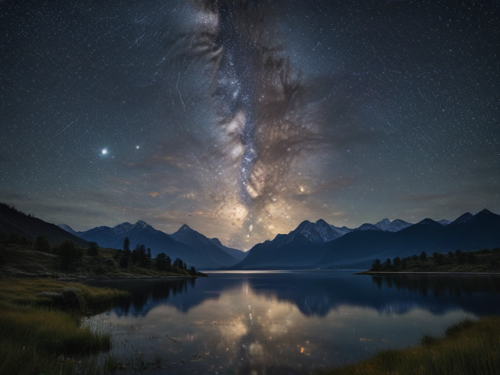 Majestic Night Sky Over Tranquil Lake Surrounded by Mountain Peaks