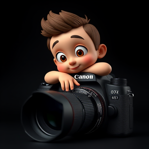 Create a 3D render of a cartoon character leaning on a Canon camera with a focus on intricate details and textures, using a 50mm lens at f/1.8, ISO 100, shutter speed 1/125s, in a studio lighting setup to enhance image quality.