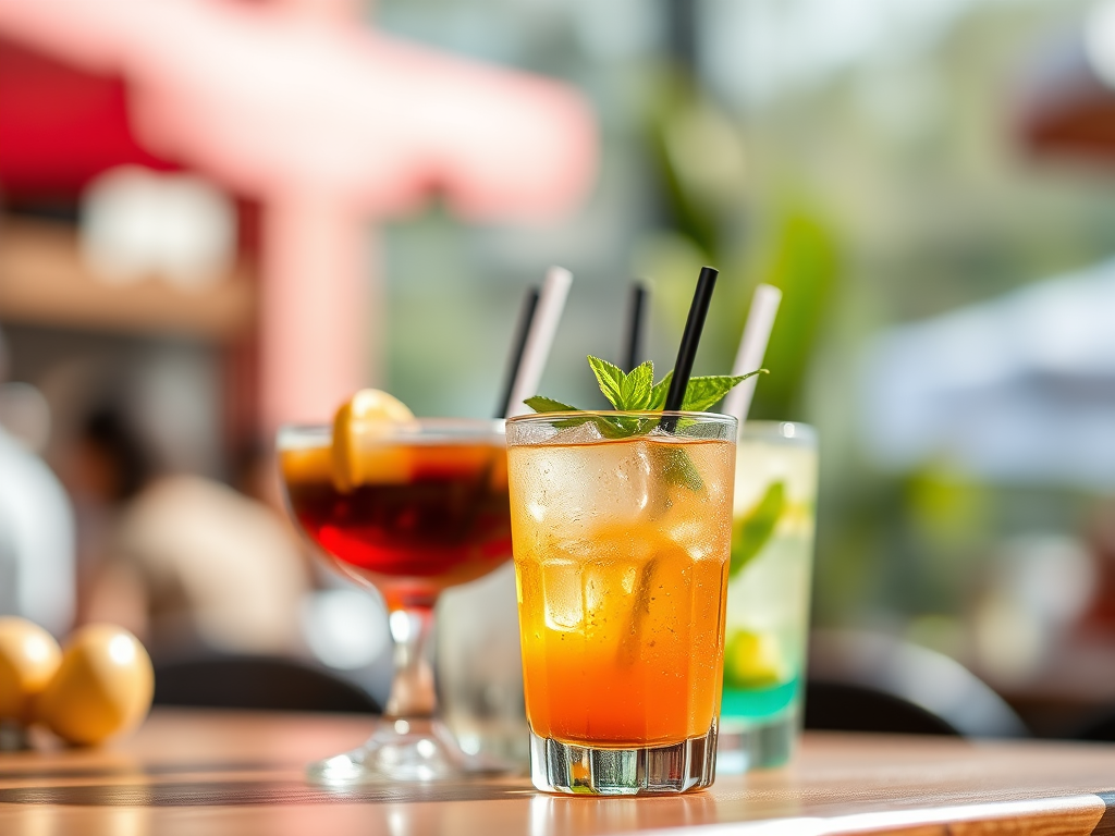 captured with a Canon EOS R5, 50mm lens, f/1.8 aperture, 1/200s shutter speed, ISO 100, natural light, shallow depth of field, focus on drinks, vibrant colors, high contrast, soft bokeh background