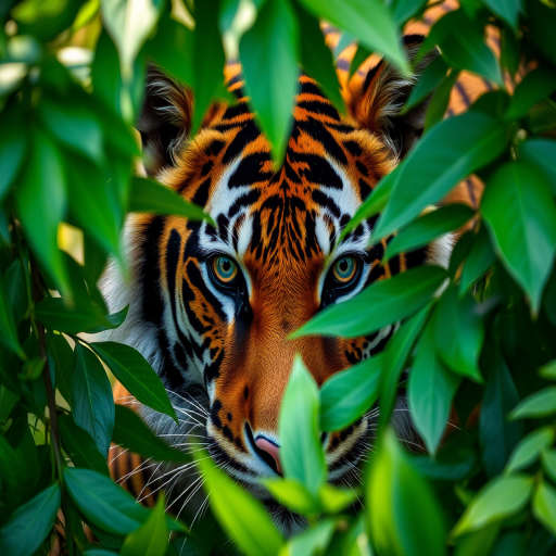 Regenerate the image of a tiger peering through lush green leaves with a DSLR camera, 50mm lens, f/2.8 aperture, ISO 100, 1/200s shutter speed, with a shallow depth of field and natural lighting for enhanced color and detail.