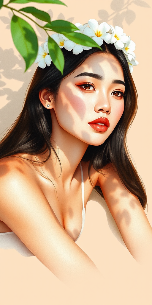 create a watercolor painting of an ethereal portrait of beautiful Malay woman with a simple white flower crown on her head. Her hair is long and she is lying on the ground. The sunlight on the trees casts shadows from the leaves on her face and body. The background is a neutral brown color that matches her skin tone. The image is minimalist and solid colors. This style is characterized by soft, delicate brushstrokes and a light, airy, contrasting color palette. High level of detail and play of light
