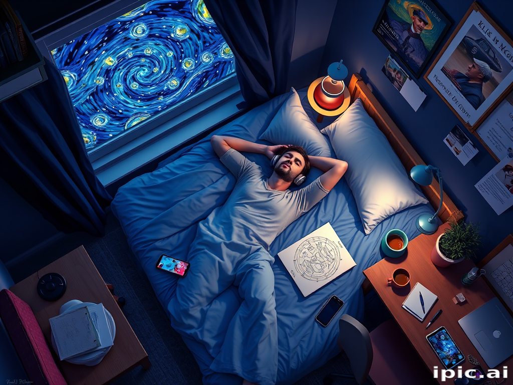 A top-down Van Gogh-style painting of a young man lying on his bed, listening to music with headphones. The room is softly lit with deep blues and purples, creating a peaceful nighttime atmosphere. The bed has a soft pillow, and the man's arms are resting behind his head. Around the bed, various glowing gadgets such as a smartphone, a laptop, and a small lamp are visible, casting a gentle light. The rest of the bedroom includes a desk with books, a chair, and a small rug on the floor. A window near the bed reveals a starry night sky with swirling stars, reminiscent of Van Gogh's 'Starry Night.' On the desk, there is a sketchbook with colorful drawings, a cup of coffee steaming gently, and a small potted plant. The walls have posters of famous paintings and a corkboard with pinned notes and photos. The scene is full of dynamic, swirling brushstrokes, capturing the essence of Van Gogh's unique style. The overall mood is serene and contemplative, with a touch of artistic inspiration.