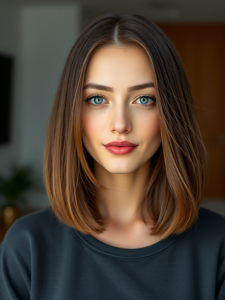 Generate a high-resolution vector image of a faceless woman with shoulder-length brown hair, soft lighting, 50mm lens, f/1.8 aperture, and an indoor setting with a neutral background.