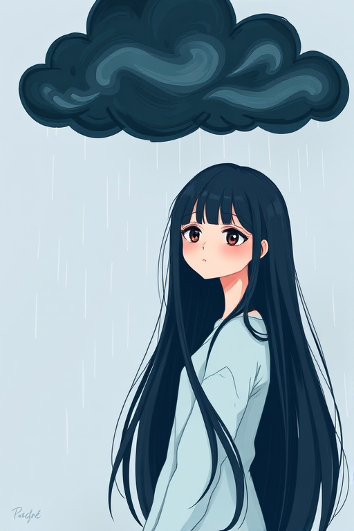 Create a digital illustration of a sad girl with long black hair, standing under a dark cloud with rain falling around her, soft pastel color palette, high-resolution, 300 dpi, shot with a digital drawing tablet in a portrait view, using smooth line art style and vibrant colors.