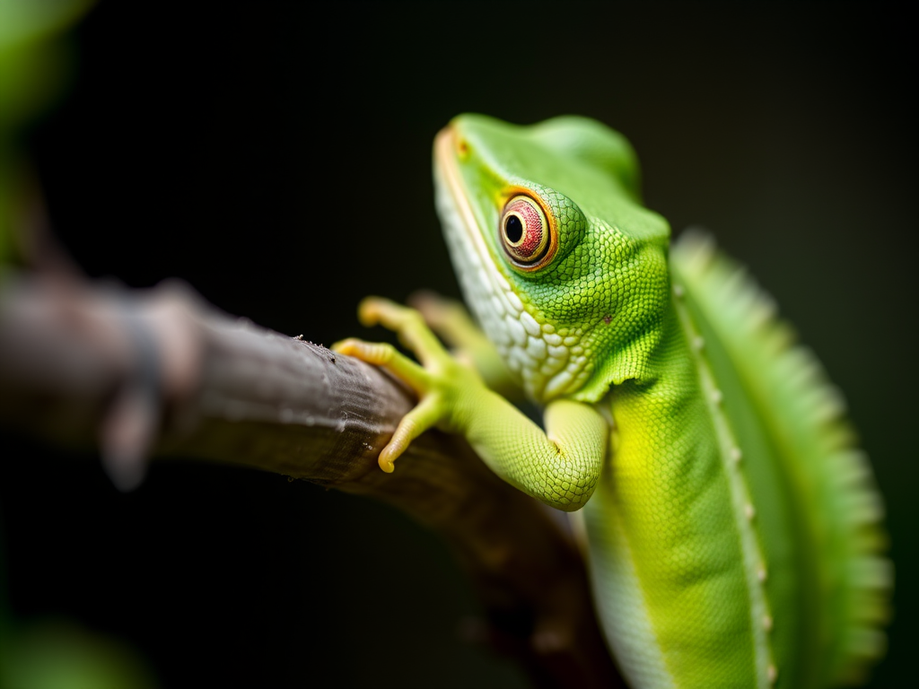 Capture a close-up of a green lizard resting on a branch with a shallow depth of field, using a DSLR camera with a 100mm macro lens, aperture set to f/2.8, ISO 400, and a soft, diffused natural light for enhanced detail and texture.