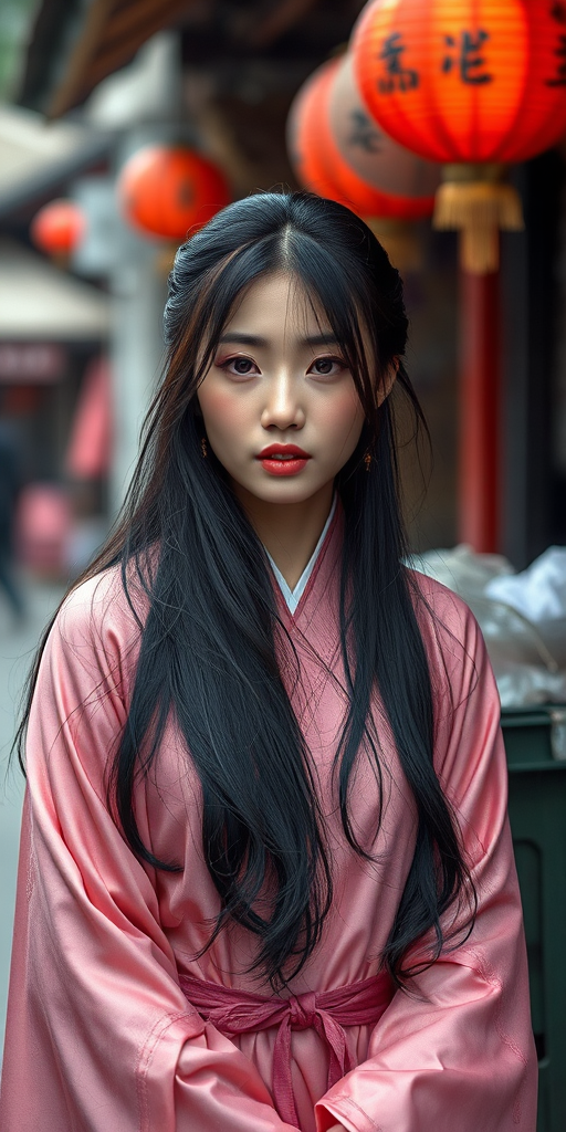 Ancient Chinese theme Ancient Chinese woman, wearing pink Hanfu, long black hair, delicate face Pale with fear, trembling under the garbage cart, beside an ancient street. bokeh,clear texture,super fine details,super clear resolution Rate