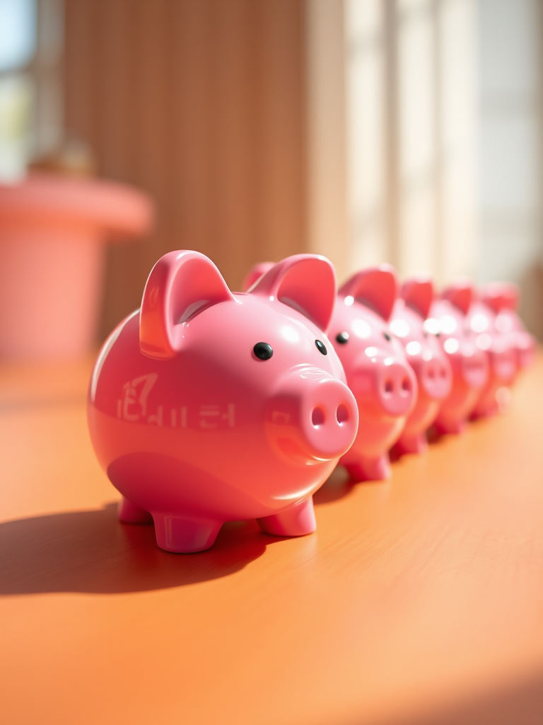 Create a high-resolution image of a row of glossy pink piggy banks on a smooth, warm-toned surface, using a DSLR camera with a 50mm lens, aperture set to f/1.8 for shallow depth of field, ISO 100, and natural lighting for enhanced color vibrancy.