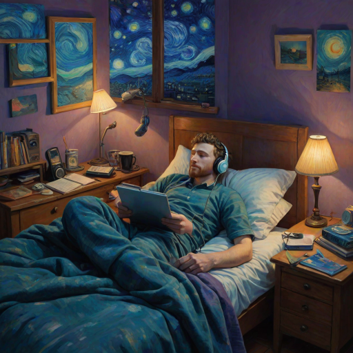 A top-down Van Gogh-style painting of a young man lying on his bed, listening to music with headphones. The room is softly lit with deep blues and purples, creating a peaceful nighttime atmosphere. The bed has a soft pillow, and the man's arms are resting behind his head. Around the bed, various glowing gadgets such as a smartphone, a laptop, and a small lamp are visible, casting a gentle light. The rest of the bedroom includes a desk with books, a chair, and a small rug on the floor. A window near the bed reveals a starry night sky with swirling stars, reminiscent of Van Gogh's 'Starry Night.' On the desk, there is a sketchbook with colorful drawings, a cup of coffee steaming gently, and a small potted plant. The walls have posters of famous paintings and a corkboard with pinned notes and photos. The scene is full of dynamic, swirling brushstrokes, capturing the essence of Van Gogh's unique style. The overall mood is serene and contemplative, with a touch of artistic inspiration.