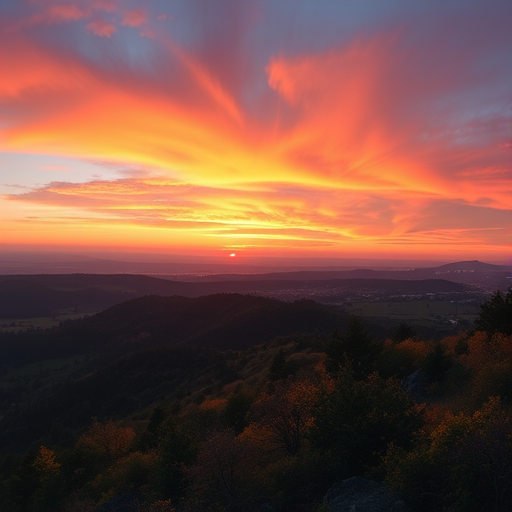 Create a high-resolution image of a scenic landscape with a vibrant sunset, using a DSLR camera with a 50mm lens, aperture set to f/8, ISO 400, and a panoramic view.