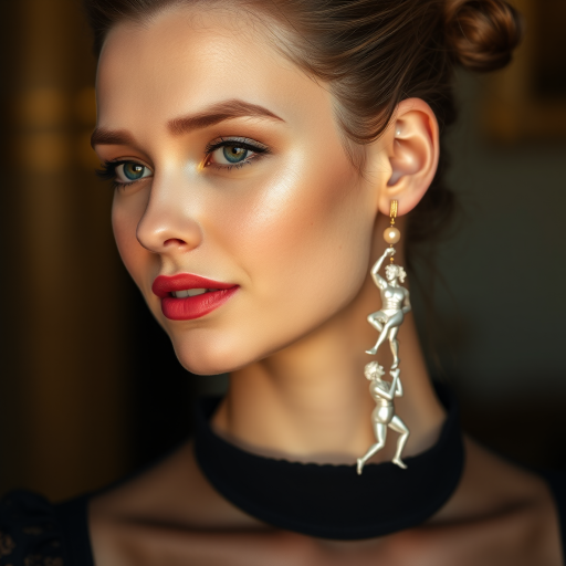 beautiful young lady with hair done up, and an exquisite pair of earings, made from mother of pearl, shimmering, and composed of different men in poses as he climbs up the long earing