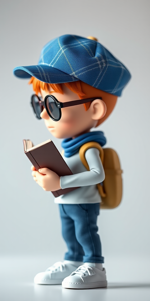 3D character wearing a blue plaid cap and sunglasses, holding a book, standing in a thinking pose, soft lighting, shallow depth of field, camera: Canon EOS R5, lens: 50mm f/1.2, aperture: f/2.8, ISO: 100, focal length: 50mm, natural light, side view.