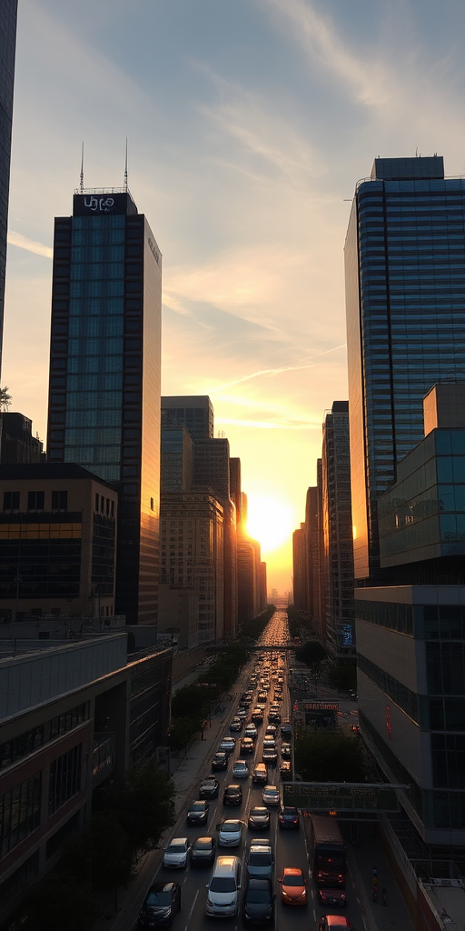 Sunset over a bustling city skyline, the last light of day reflecting off glass skyscrapers, while the streets below buzz with evening traffic.